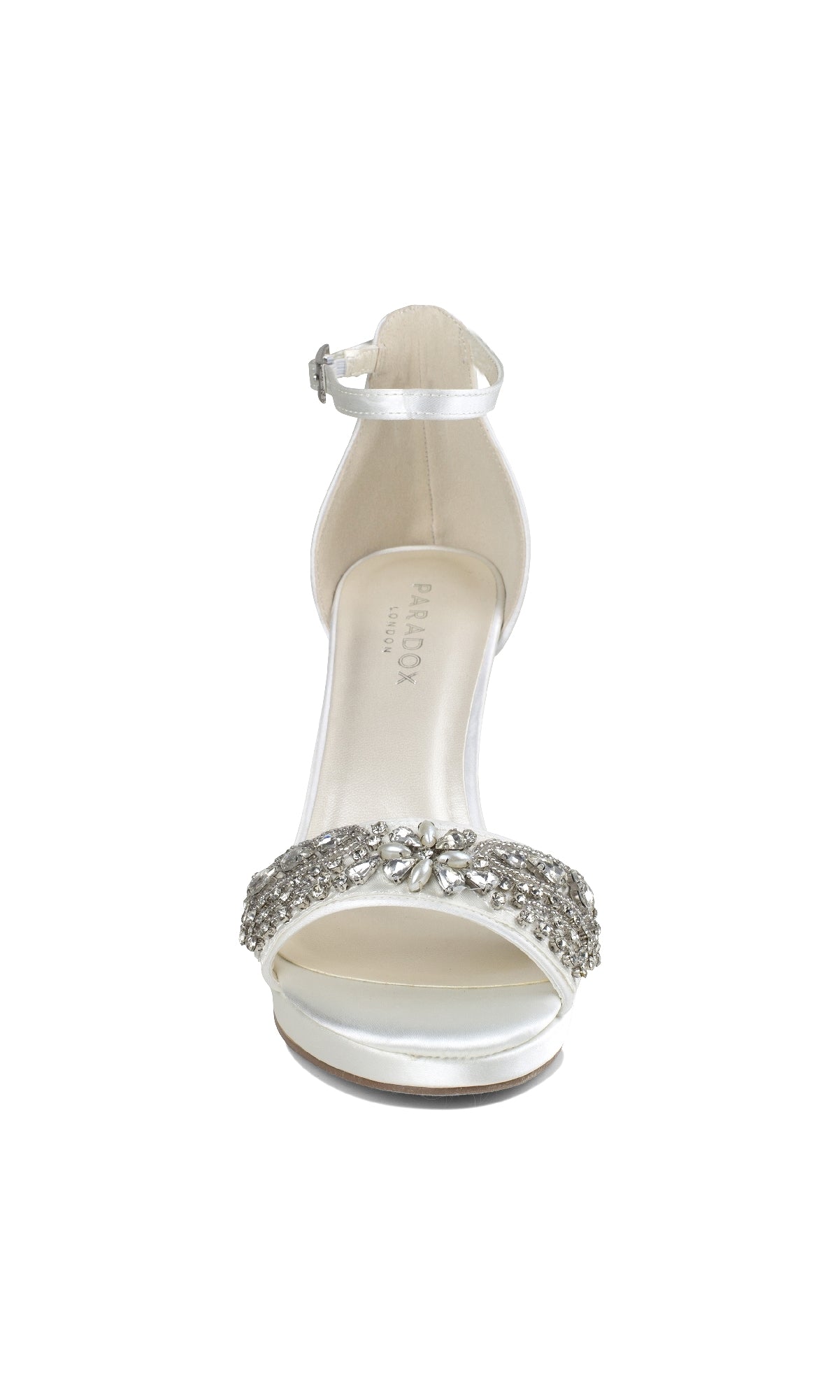 Front view of the Enya Ivory Satin Prom Shoes by Paradox London (P2203), featuring an open toe, ankle strap, and rhinestone-embellished toe strap.